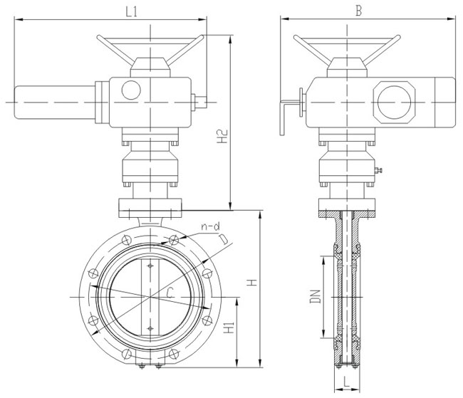 船用法蘭式電動蝶閥CB/T 4173結構圖(圖1) 船用電動法蘭蝶閥